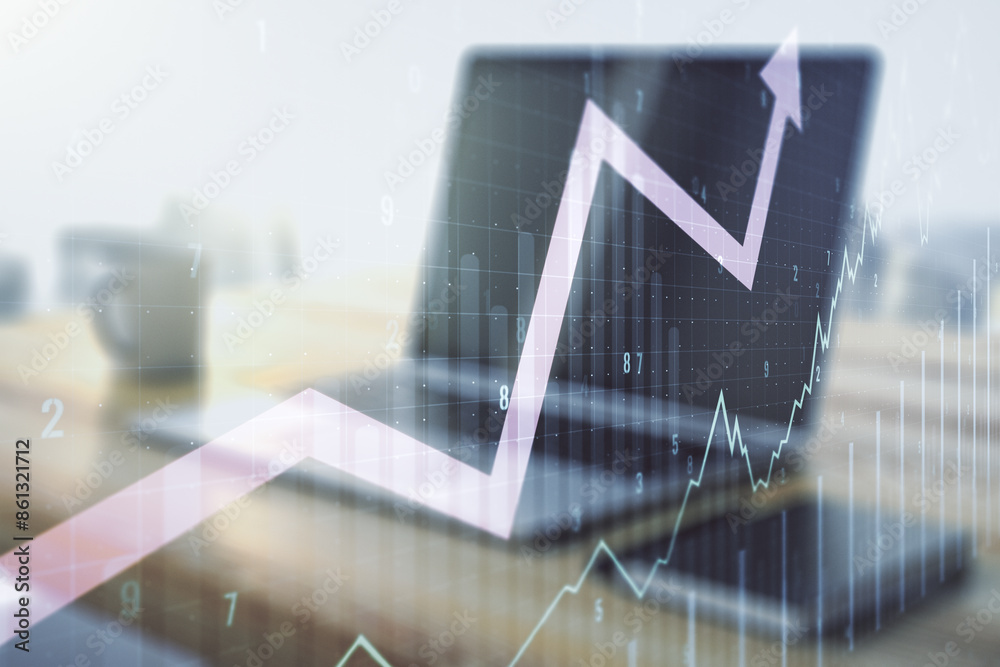 Poster double exposure of abstract creative financial chart with upward arrow and modern desktop with lapto