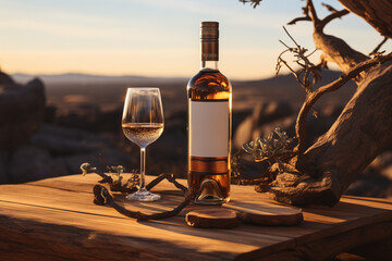 Wine bottle, glass, and almonds on a rocky ledge.
