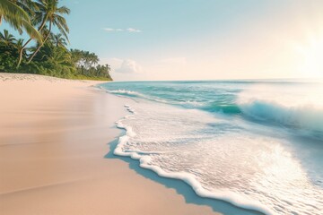A serene beach scene with white sand and palm trees in the background. A calm ocean with gentle swells stretches into the distance. Concept for summer vacation or travel advertising.