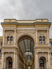 Entrance of the galleria of Vittorio Emanuele II at Duomo square. Travel to Milan, Italy.