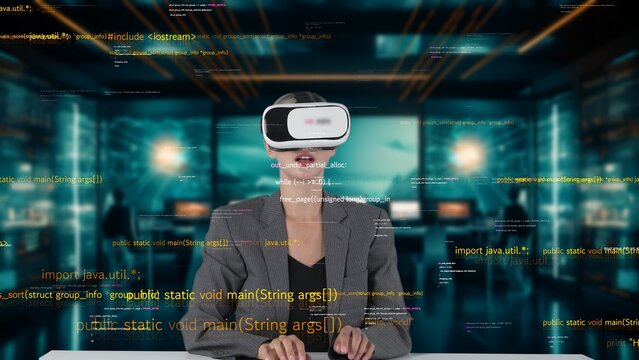 IT developer typing computer code for analyzing intelligent website development coder system data selection by VR innovation interface digital network technology visual hologram server. Contraption.