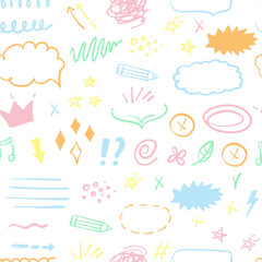 Simple sketch line style seamless pattern. Doodle cute ink pen line elements. Doodle arrow, heart, star, decoration symbol, icon. Vector illustration.