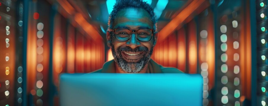 Smiling IT technician with laptop in a data center surrounded by server racks