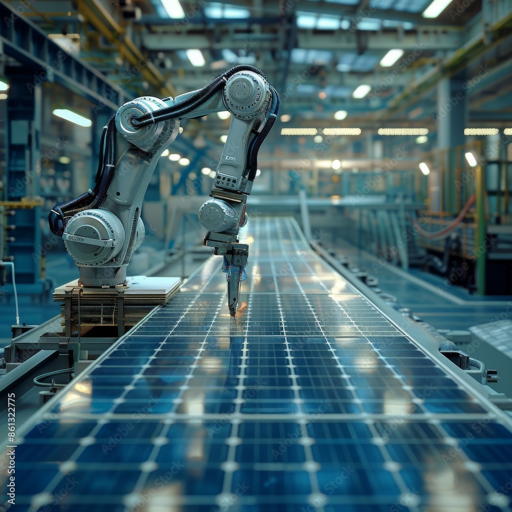 Wall mural robotic arm in high-tech factory assembling solar panels with precision and automation - Wall murals