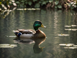 Fototapeta premium Create a visually stunning photo that captures the serene beauty of a duck in its natural habitat. 