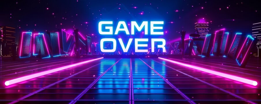 Futuristic neon game over sign in a retro digital landscape
