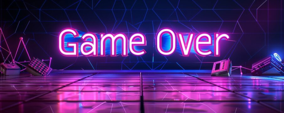 Futuristic game over screen with neon lights and reflections in a digital environment