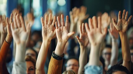 A diverse crowd of people raise their hands in enthusiasm at a public event or gathering. The vibrant scene captures the energy and collective spirit of the participants.