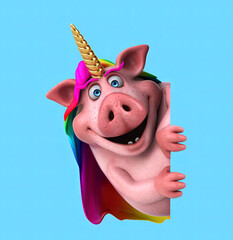 Fun 3D cartoon unicorn pig with a sign © Julien Tromeur