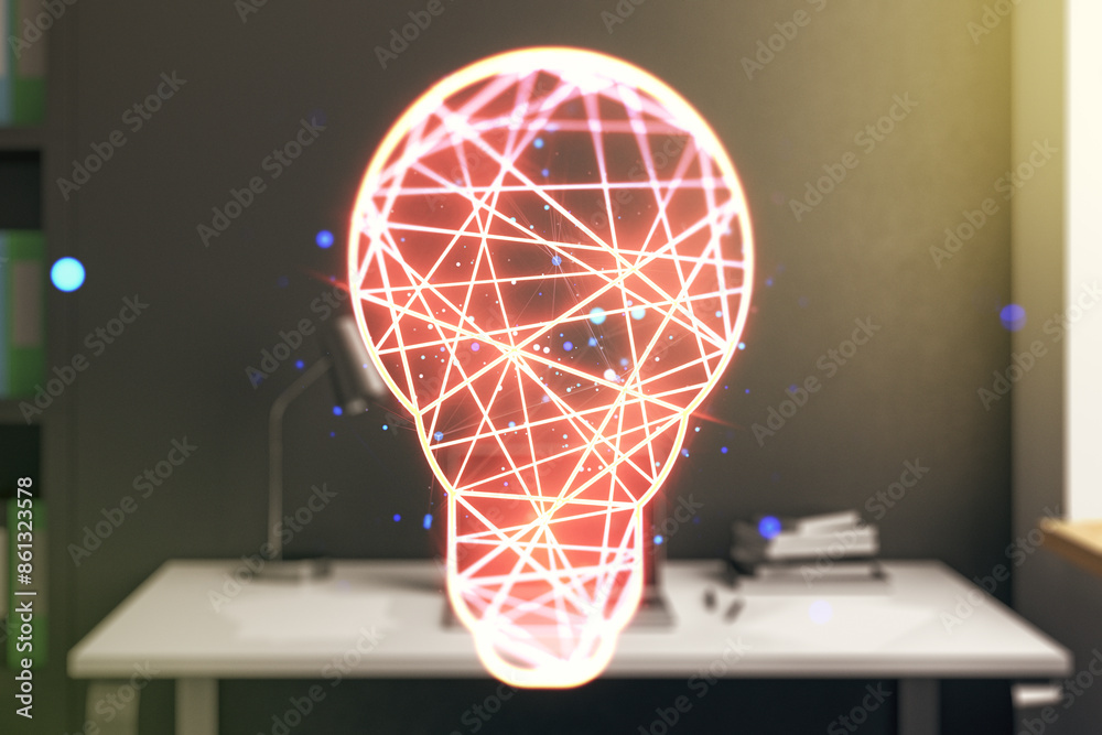 Poster creative idea concept with light bulb illustration and modern desktop with computer on background. m