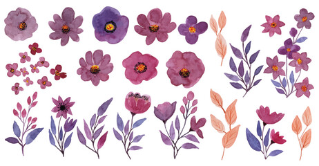 Watercolor floral illustration set. Flower red, navy blue rose, green leaves collection for bouquets, wreaths, wedding invitations, postcards, greetings. pink flowers, leaves, branches 