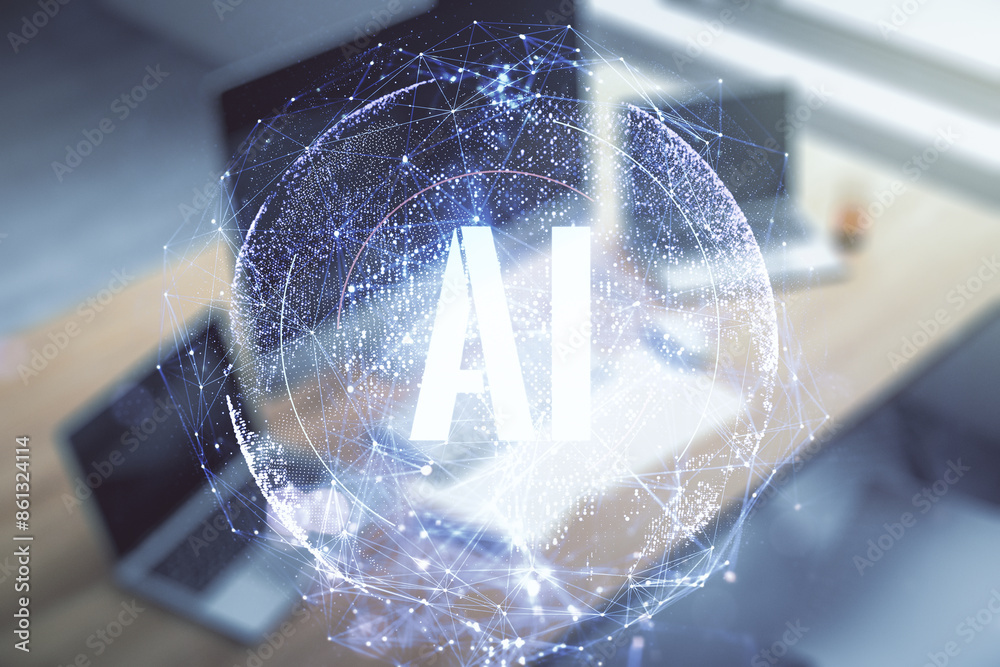 Aufkleber creative artificial intelligence symbol concept and modern desktop with pc on background. double exp