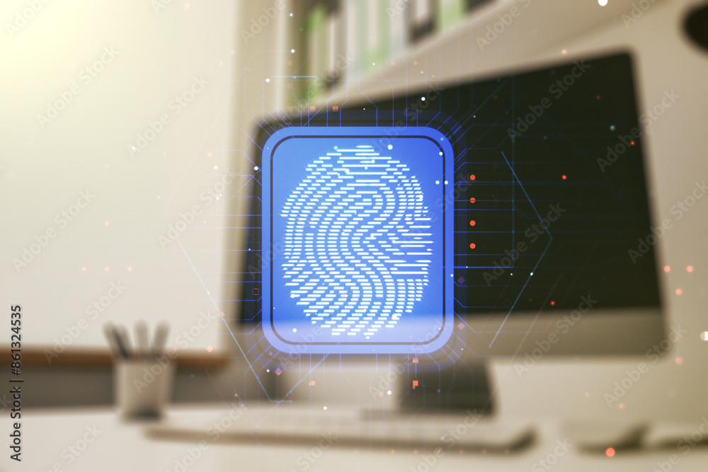 Poster double exposure of abstract creative fingerprint hologram and modern desk with computer on backgroun