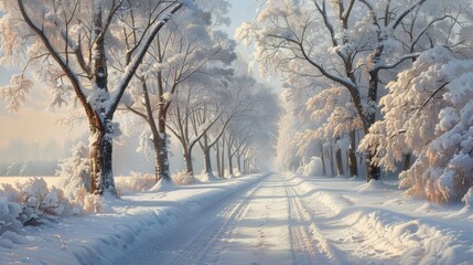 Obraz premium A picturesque winter scene of a winding path through a snow-covered forest, sunlight filtering through the bare branches of the trees