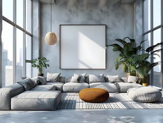 Minimalist Living Room with Modern Frame and City Skyline View