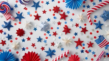 Fototapeta premium Festive Fourth of July background adorned with red, white, and blue decorations, including stars and stripes