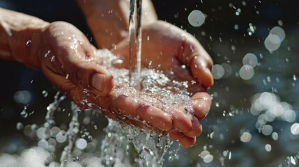 Fototapeta premium Close-up of hands turning on a faucet with water flowing out