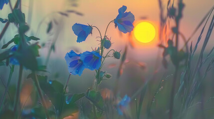 Tranquil Scene with Blue Wildflowers at Sunset
