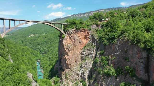 Aerial view on Djurdjevica arch bridge over the Tara River in northern Montenegro,