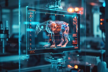 Closeup of a holographic display showing the inner workings of an animal robot in a modern lab with room for copy