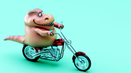Fun 3D cartoon illustration of a Trex on a motorbike © Julien Tromeur