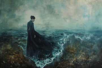 Obraz premium Painting of a woman in a black dress standing at the edge of a turbulent sea, evoking emotion and solitude