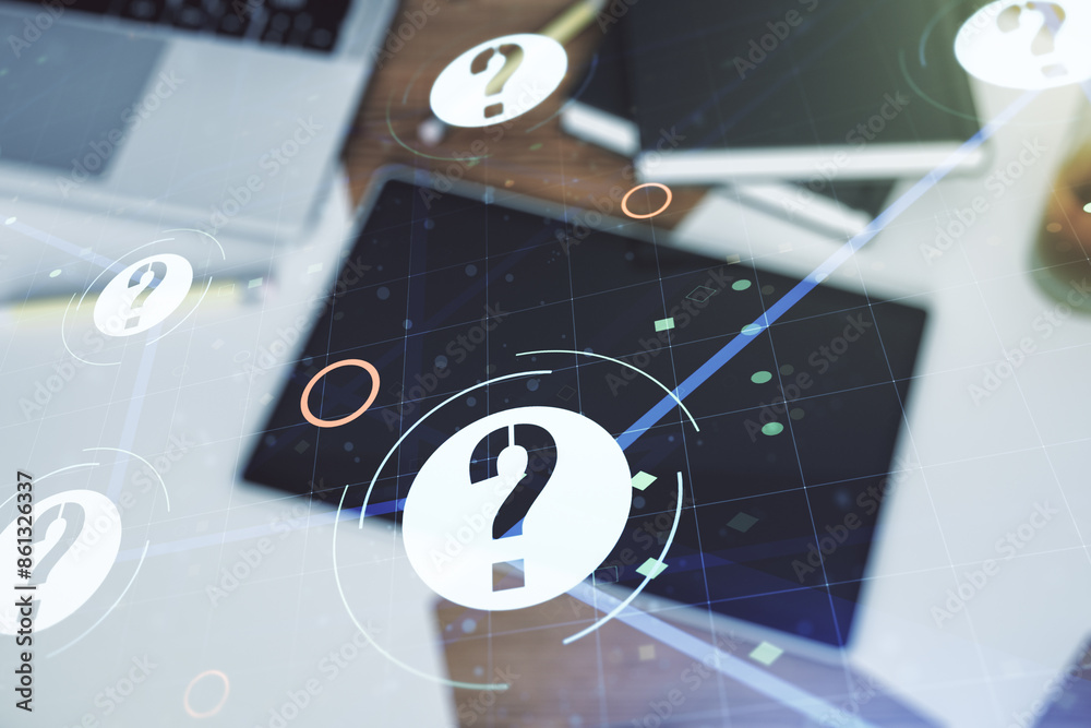 Aufkleber creative concept of question mark illustration and modern digital tablet on background, top view. fa