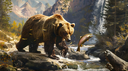 grizzly bear in the wild catching a salmon