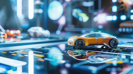 Closeup of advanced digital toys designed to enhance childrens learning in a sleek, futuristic setting with room for copy