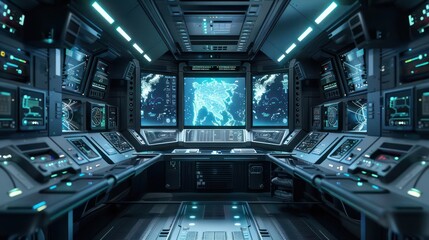 Fototapeta premium Conceptual digital navigation panel in a space transport control room with clear space for copy