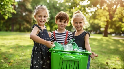 The children with recycling bin
