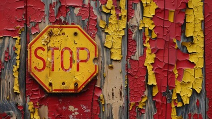 Obraz premium Yellow stop sign against a red weathered background 