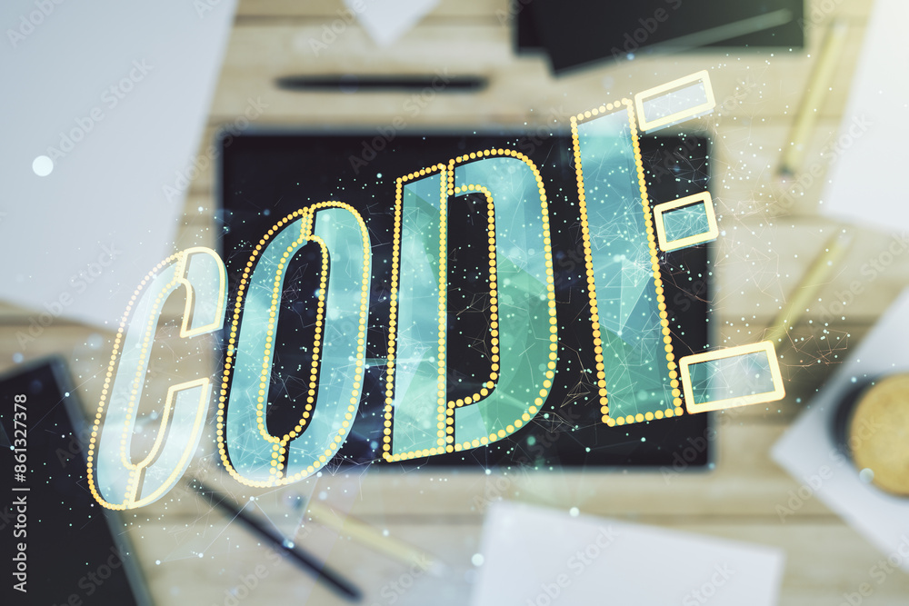 Poster creative code word sign and modern digital tablet on desktop on background, top view, international 