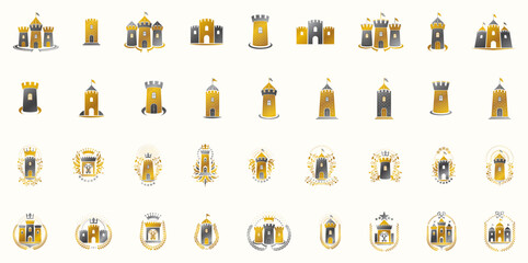 Vintage castles vector logos or emblems, heraldic design elements big set, classic style heraldry architecture symbols, antique forts and fortresses.