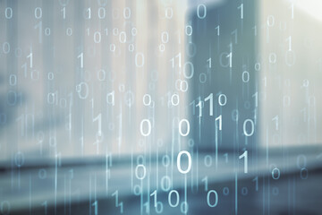 Abstract virtual binary code illustration on blurry modern office building background. Big data and...