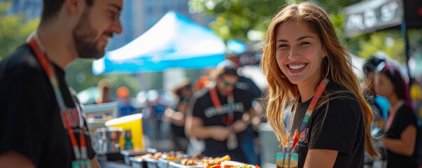 Smiling woman with long hair at a food festival.
