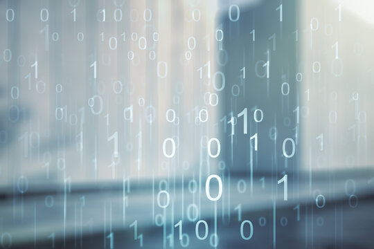 Abstract virtual binary code illustration on blurry modern office building background. Big data and coding concept. Multiexposure