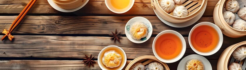 Dim Sum Brunch Spread with Assorted Teas and Delectable Dumplings on Wooden Table