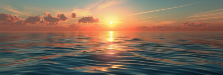 Fototapeta premium A serene scene of a sunset over the ocean, with the water reflecting the warm colors of the sky. Generative AI