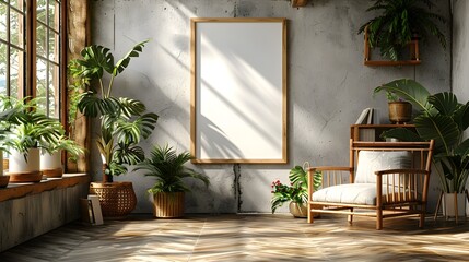 A 3D rendered mockup of a clean white background frame positioned in a bright and minimalist home office setting featuring natural wood tones
