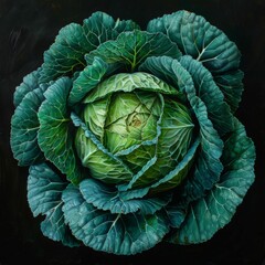 Obraz premium A photo of a cabbage. The leaves are a deep green color and the veins are a light green color. The cabbage is round and has a white center.