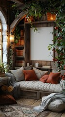 Cozy Cottage Style Reading Nook with a Framed Mockup Showcased in a Warm and Inviting Interior Atmosphere with Plush Seating Soft Lighting and a Traditional Homey Ambiance