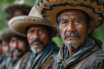 Obraz premium A group of men wearing traditional hats stand closely together, their serious and insightful expressions reflecting wisdom and camaraderie rooted in cultural heritage.