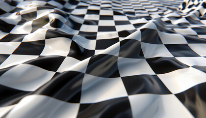 A close-up of a checkered fabric with black and white squares, creating a sleek and visually striking pattern with a sense of movement