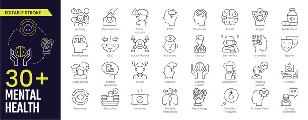 Mental Health Line Editable Icon collections. Vector illustration in modern thin line style of medical icons: components of a healthy lifestyle and mental balance. Stroke icon collection Outline icon