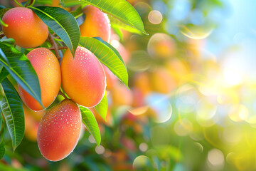 A bunch of ripe mangoes hanging from a tree. The mangoes are bright orange and have a shiny, wet appearance. The leaves of the tree are green and lush, and the overall scene is vibrant