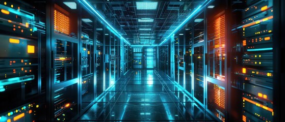 Obraz premium Hightech supercomputer server room with glowing digital interfaces and clear space for copy