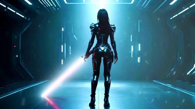 Female Cyber Warrior with Laser Sword from Back: Seamless Looping 4K AI Animation