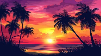 Obraz premium A vibrant sunset paints the sky with hues of orange, pink, and purple, casting a silhouette of palm trees over a calm, tranquil beach. Generative AI