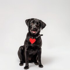 Fototapeta premium Cute black puppy with heart-shaped collar, symbol of blood donation isolated on white background. Idea of emergency aid for animals, veterinary clinic, treatment of dogs and cats, blood transfusion.